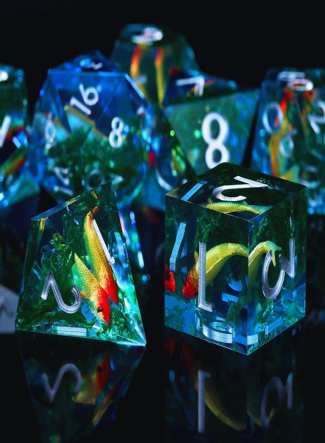 Froggod Moss and Koi Fish DND Dice Set - 7Pcs Sharp Edge Resin Polyhedral Game Dice for D&D RPG - Includes D20, D12, D10, D8, D6, D4 - Moss Agate Fish Design(Blue) - Image 3